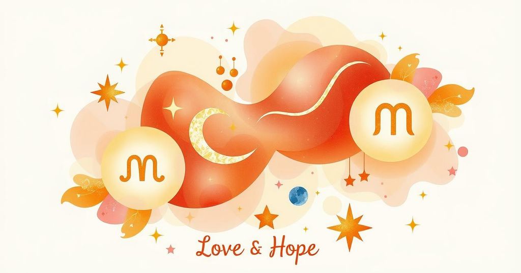Astrological symbol for love and hope, illustrating zodiac signs with celestial themes in warm colours.