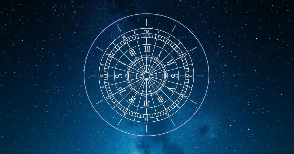 A mystical night sky dotted with stars and the zodiac wheel symbolizing horoscopes and fate.