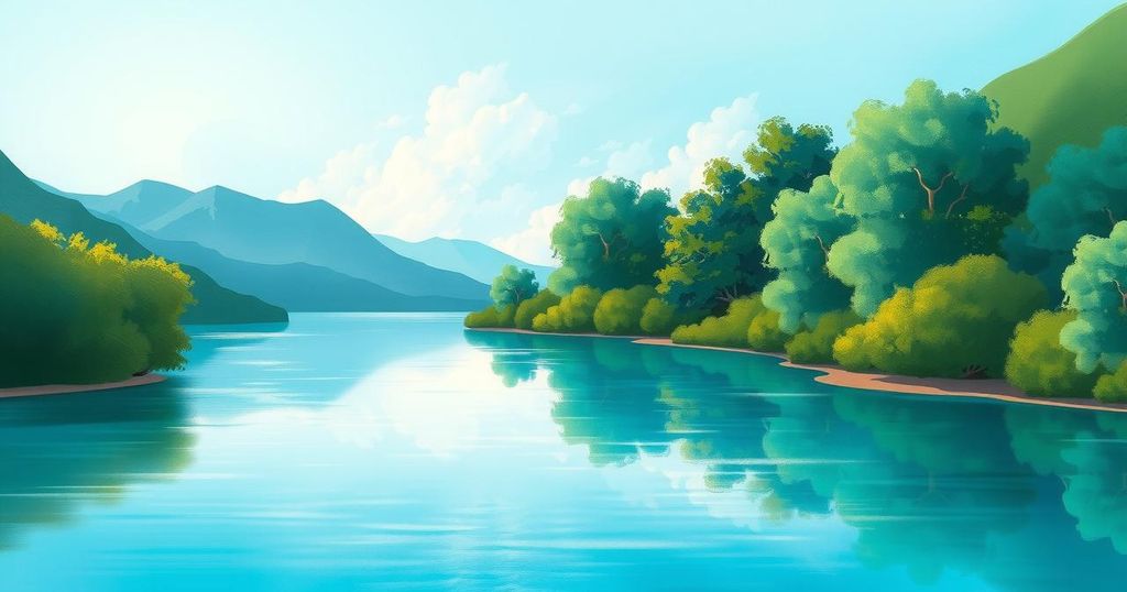 A serene landscape with soothing aqua blue tones, symbolizing growth, positivity, and harmonious connections.
