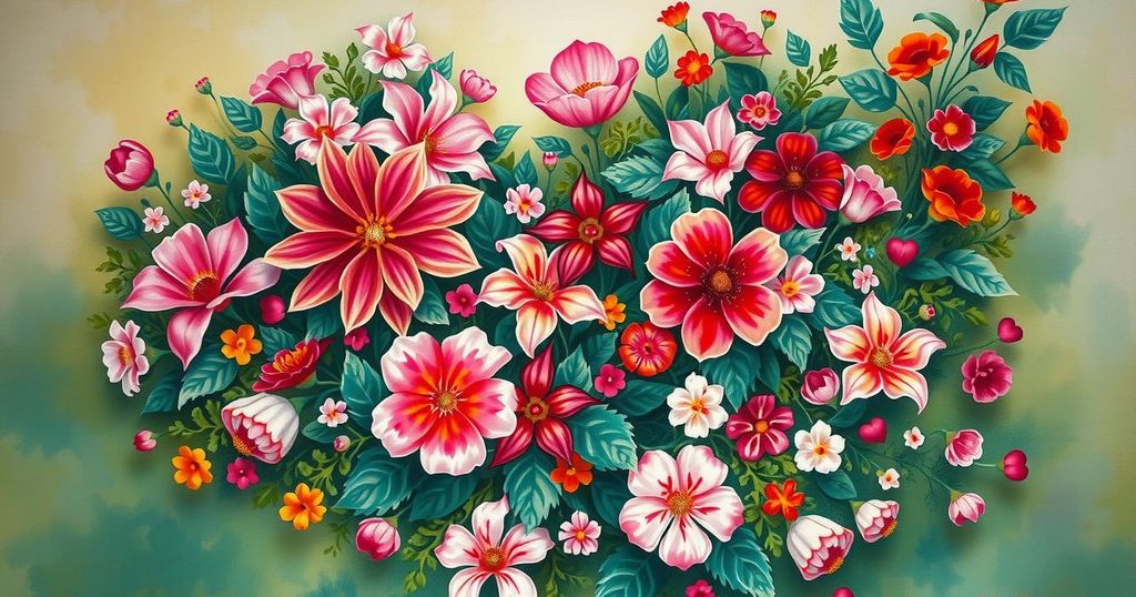 A serene scene depicting a heart-shaped garden filled with blooming flowers, symbolising love and connection.