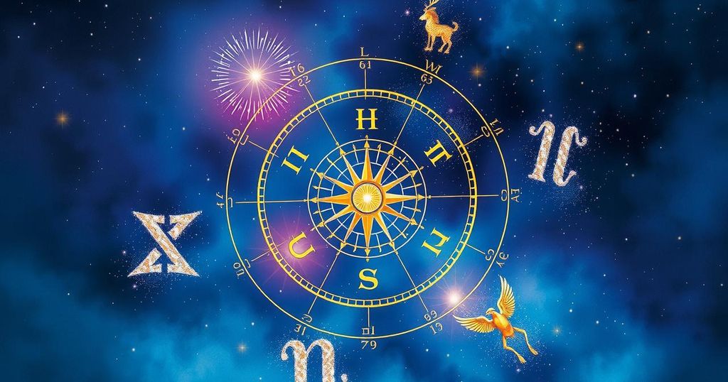 An astrological wheel with zodiac signs against a cosmic background in vibrant blues and purples.