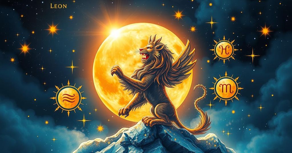 Astrological symbols with a Leo full moon in the background, featuring vibrant colours and celestial elements.