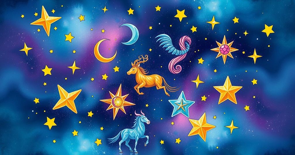 Zodiac symbols surrounded by stars and colourful cosmic elements in a whimsical style.
