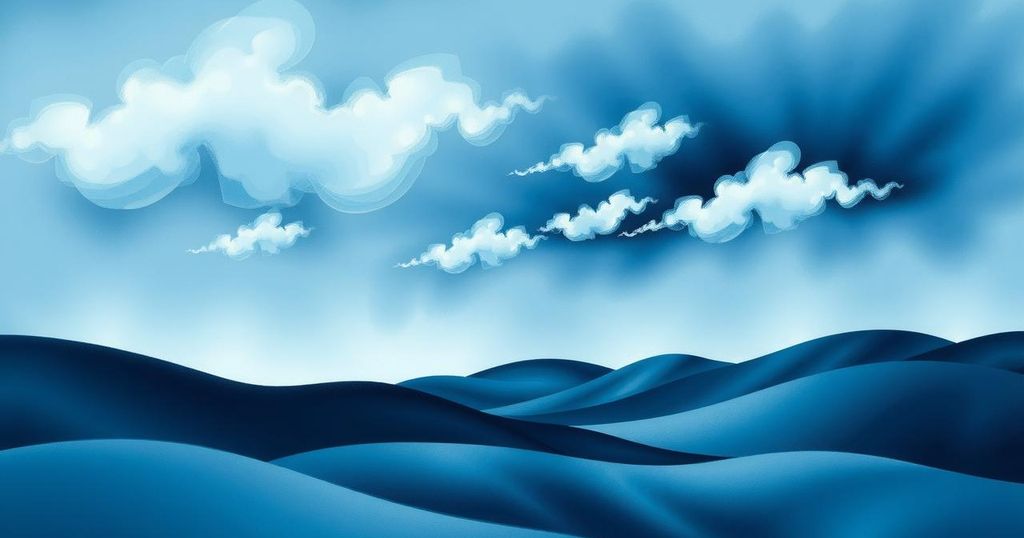 A serene dark blue landscape with gentle hills and abstract swirling clouds, symbolizing introspection and stability.