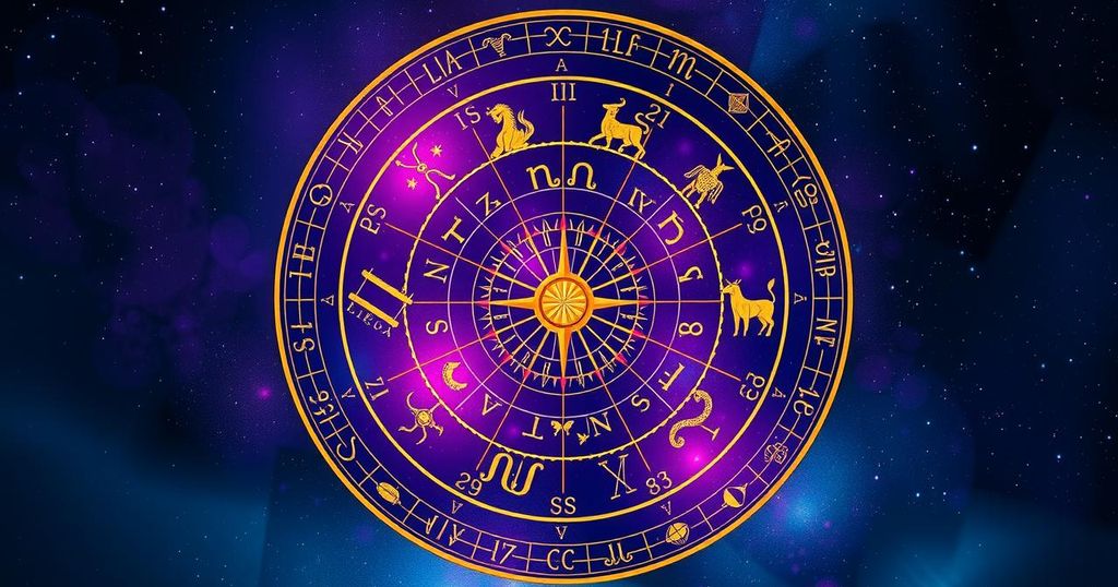 A zodiac wheel adorned with symbols representing each sign, in vibrant colours and a celestial background.