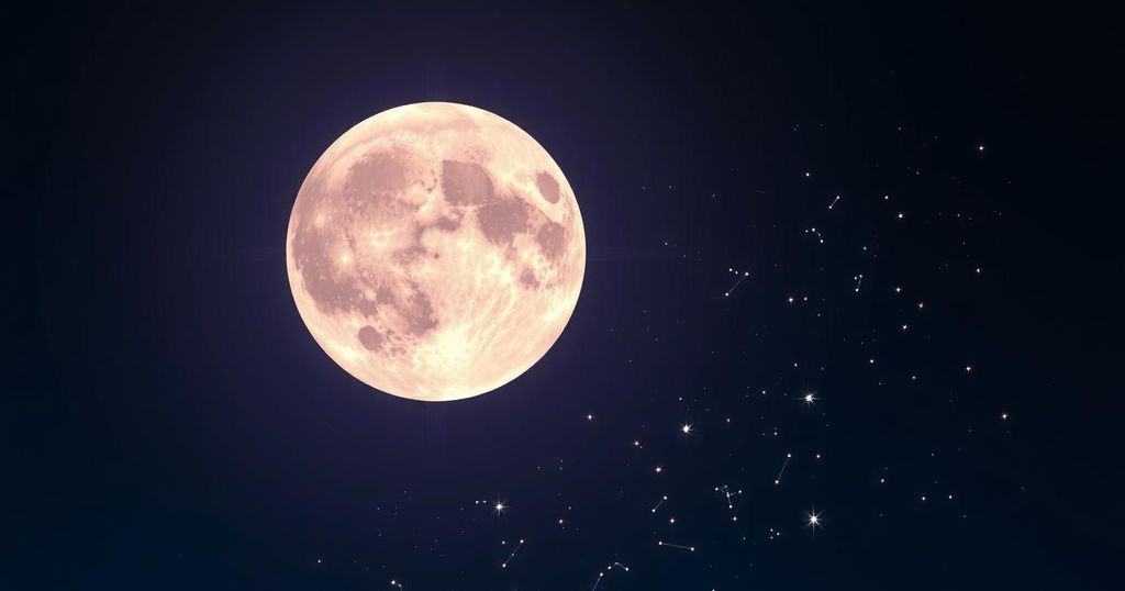 A night sky filled with a luminous full moon surrounded by constellations, symbolizing cosmic energy.