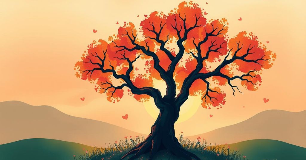 Serene nature scene with two intertwined trees and a soft sunset, symbolising love and connection in relationships