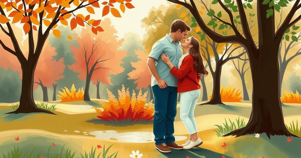 A serene park scene with a cozy gathering of abstract shapes symbolising love and friendship, in warm colour tones.