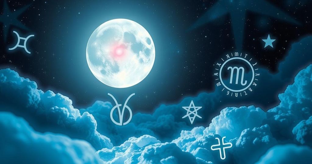 Astrological symbols with a full moon backdrop surrounded by stars and constellations in calming blue and silver tones.