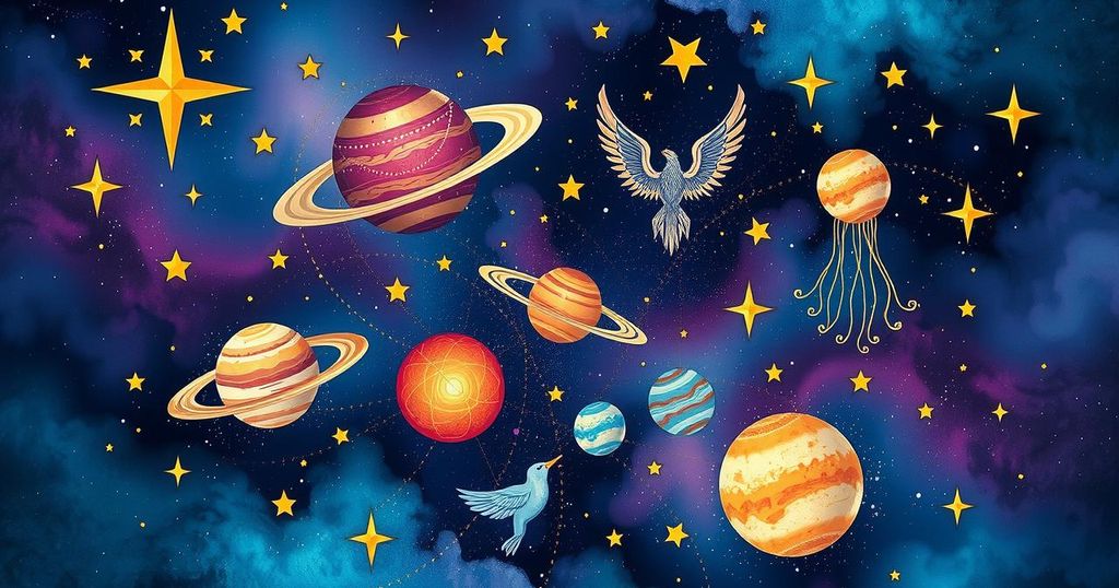A cosmic illustration featuring zodiac signs and celestial elements in a vibrant colour palette.