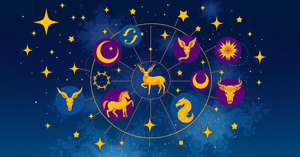 Astrology themed illustration showing zodiac signs with celestial elements like stars and planets in a vibrant colour scheme.
