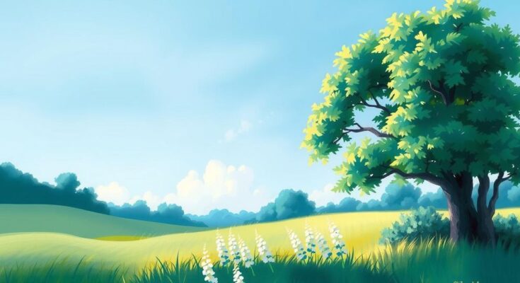 A serene landscape featuring a calm blue sky and vibrant greenery, symbolizing focus and positivity in goals.