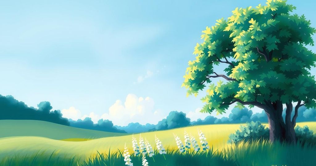 A serene landscape featuring a calm blue sky and vibrant greenery, symbolizing focus and positivity in goals.