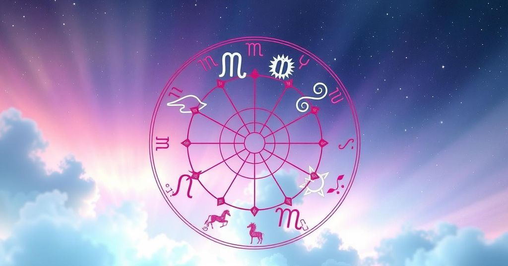 A celestial scene featuring various zodiac symbols surrounded by vibrant stars and soft clouds in pastel colours.