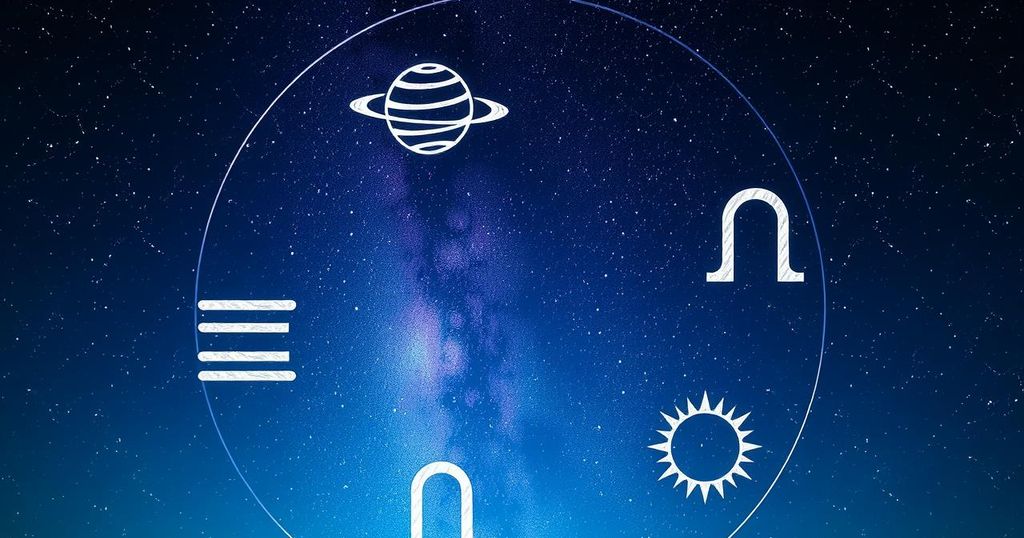 Astrological symbols with a celestial background featuring harmony and balance between planning and intuition.
