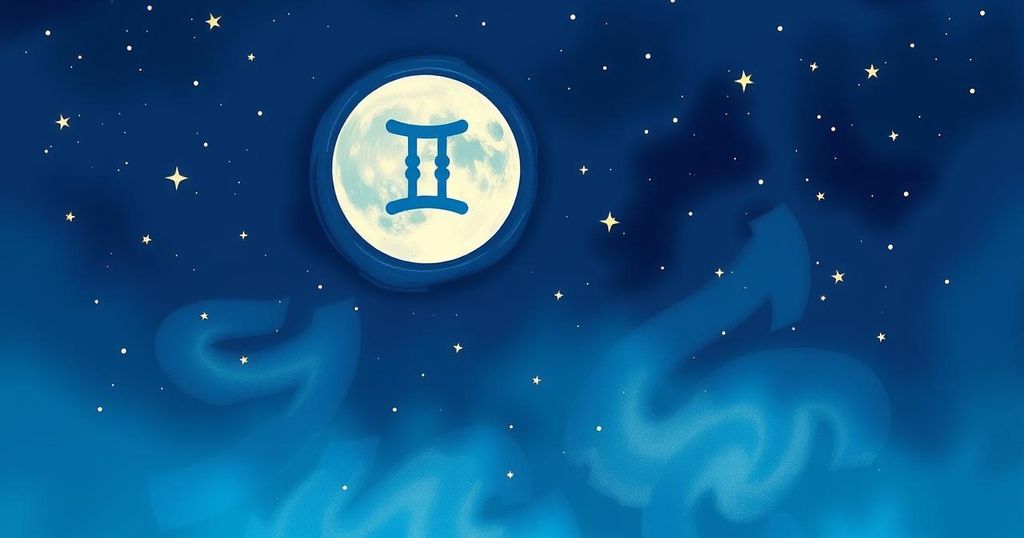 A depiction of a new moon in a starry sky with Gemini zodiac sign symbols, symbolising communication and beginnings.