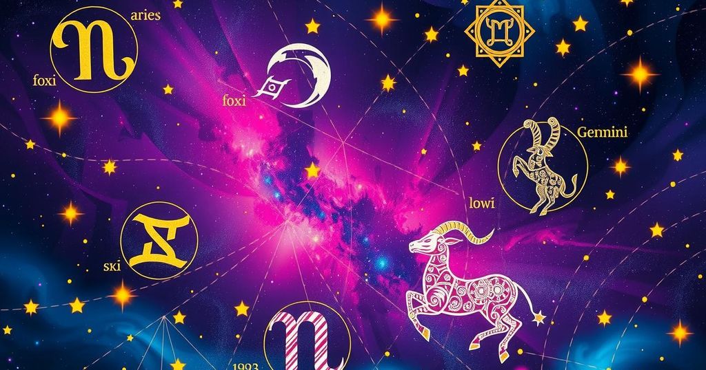 A vibrant celestial scene showcasing zodiac symbols surrounded by colourful starry patterns and cosmic elements.