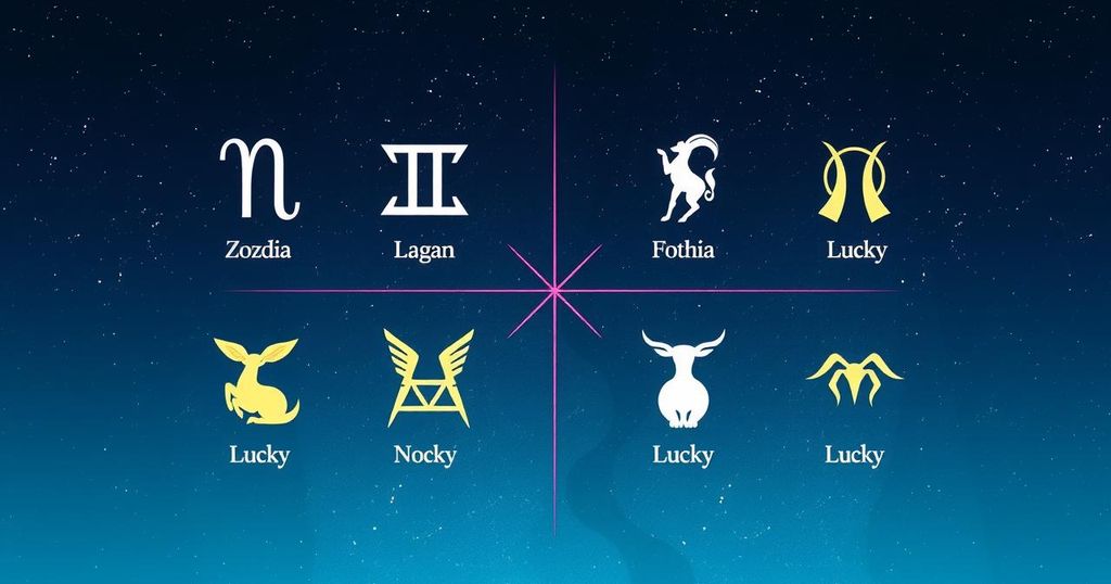The zodiac signs represented by vibrant symbols, each symbol in its lucky colour, set against a starry night sky.