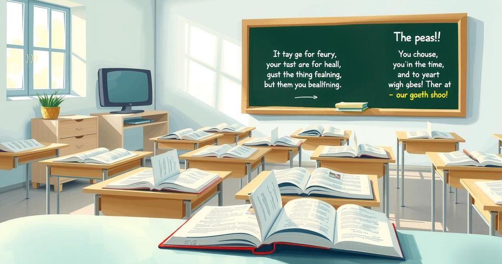 A serene classroom setting with open books and a chalkboard, encouraging a spirit of learning and engagement.