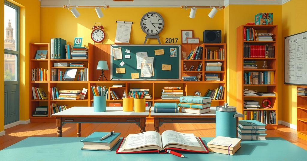 A serene classroom scene filled with books and learning resources, emphasising curiosity and growth.