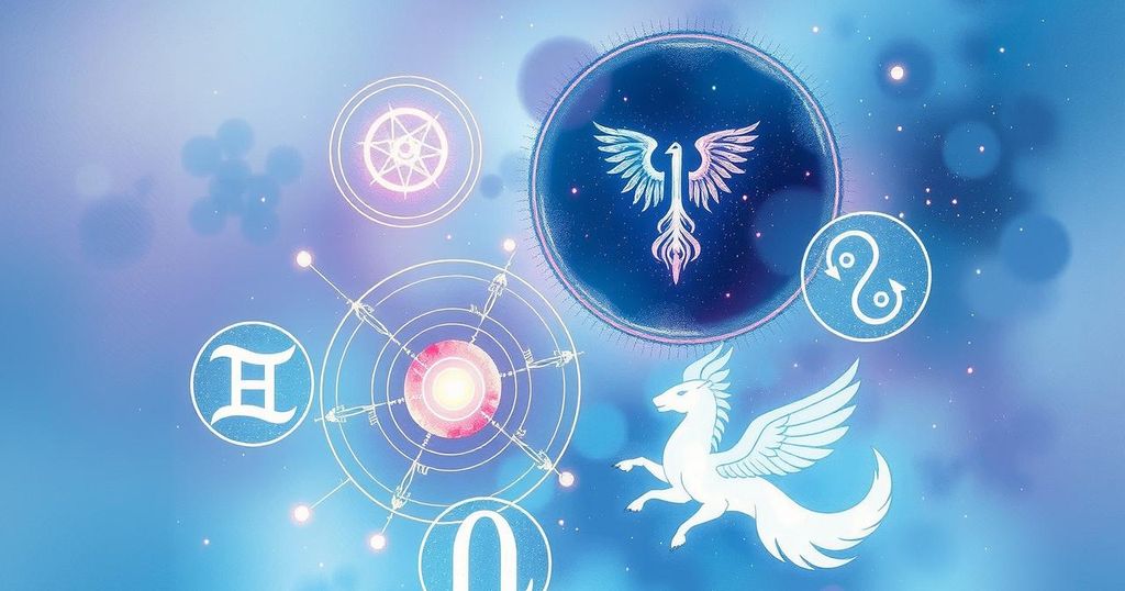 Astrological symbols and celestial patterns in a cosmic background with a gentle color palette.