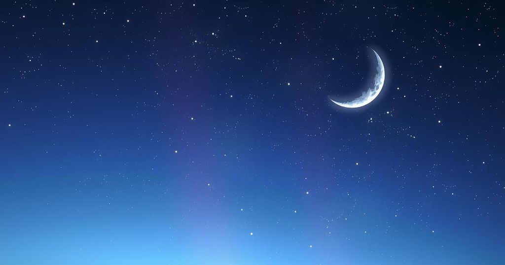 A celestial scene at twilight featuring a crescent moon transitioning from Libra to Scorpio against a starry sky.