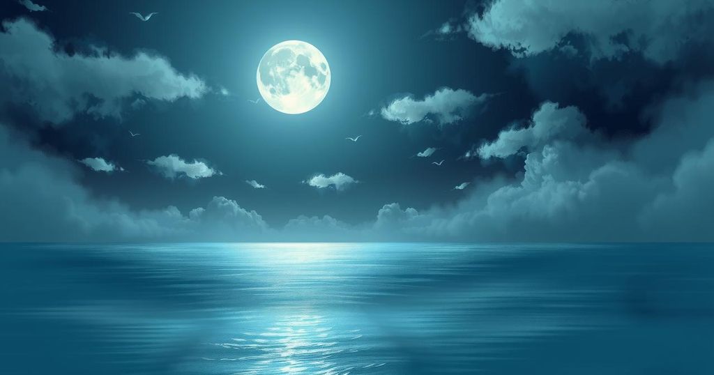 A serene night sky with a bright full moon illuminating a calm sea, evoking emotions and self-reflection.