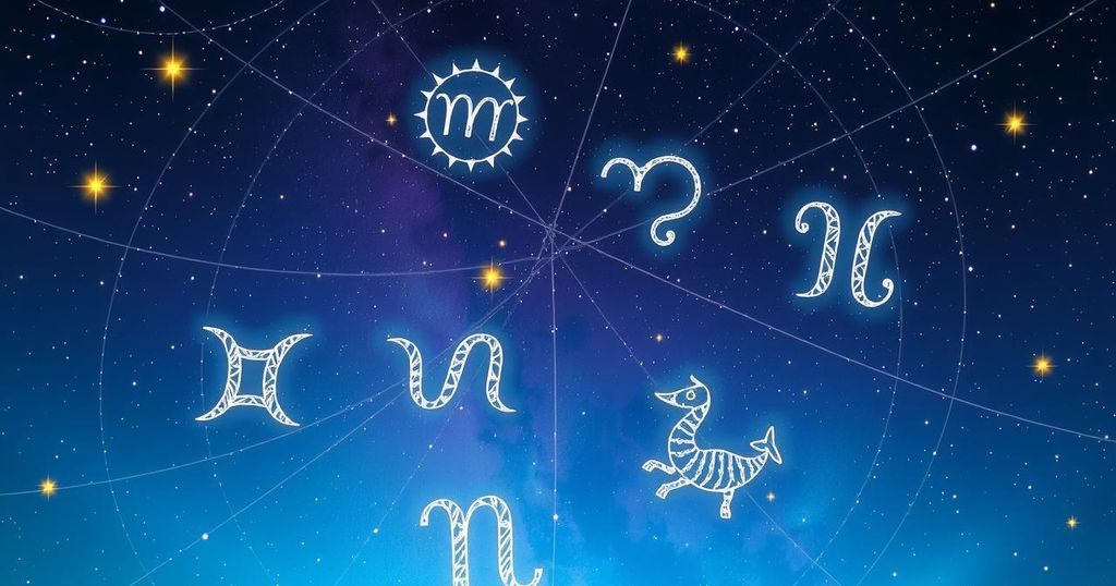A starry night sky symbolising astrology, surrounded by zodiac signs in various colours and dreamy cosmic elements.