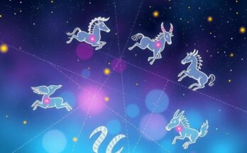 A celestial illustration depicting zodiac symbols with vibrant cosmic colours and dreamy fantasy elements.