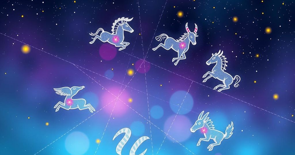 A celestial illustration depicting zodiac symbols with vibrant cosmic colours and dreamy fantasy elements.