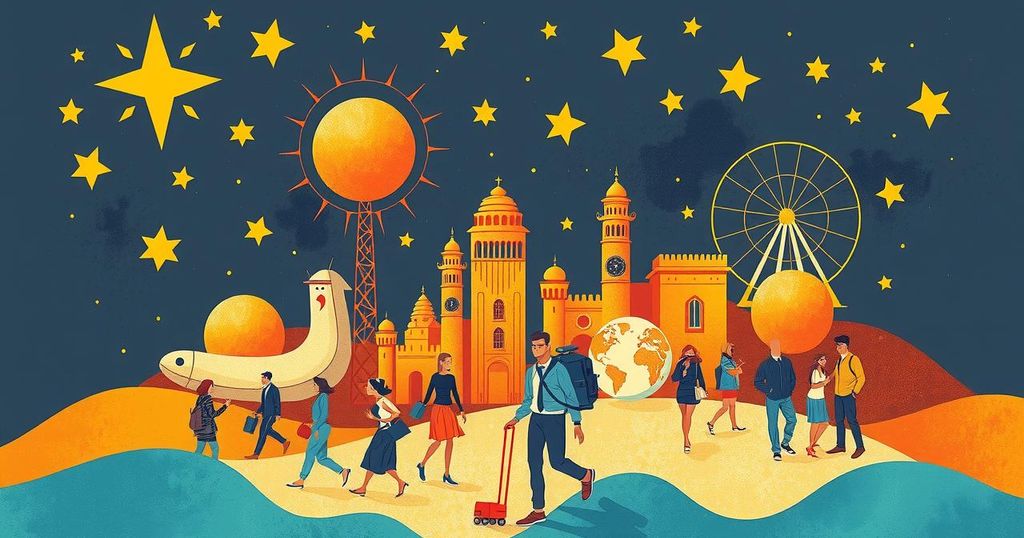 A vibrant Leo-themed illustration featuring celestial elements and joyful activities symbolizing abundance and social connections.