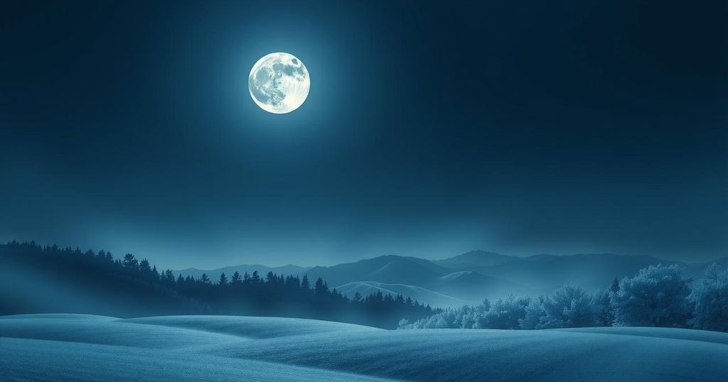 Celestial scene of a new moon over a tranquil Taurus landscape, evoking calm and introspection.