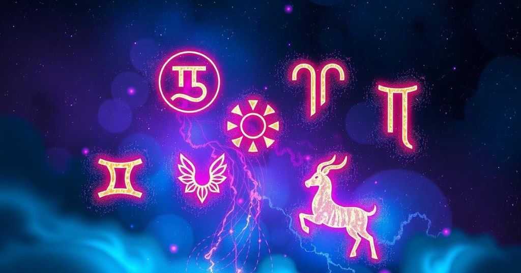 Astrological symbols in vibrant colours representing different zodiac signs against a cosmic background.