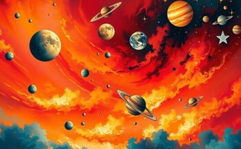 Vibrant cosmic alignment with planets in a fiery sky, symbolising zodiac energy and transformation.
