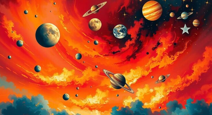 Vibrant cosmic alignment with planets in a fiery sky, symbolising zodiac energy and transformation.