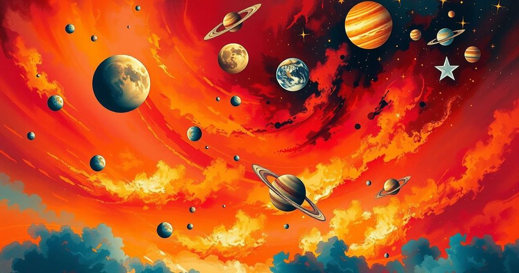 Vibrant cosmic alignment with planets in a fiery sky, symbolising zodiac energy and transformation.
