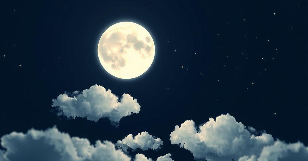 A serene night sky filled with a glowing full moon surrounded by stars and soft clouds, representing introspection and transformation.