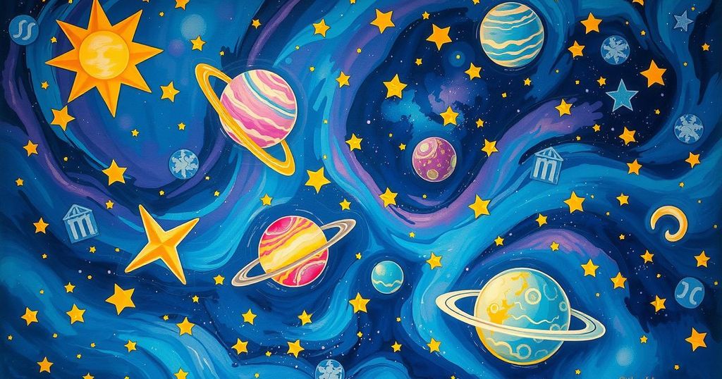 A vibrant cosmic scene with stars, planets, and zodiac symbols, showcasing emotional resilience and playful energy.