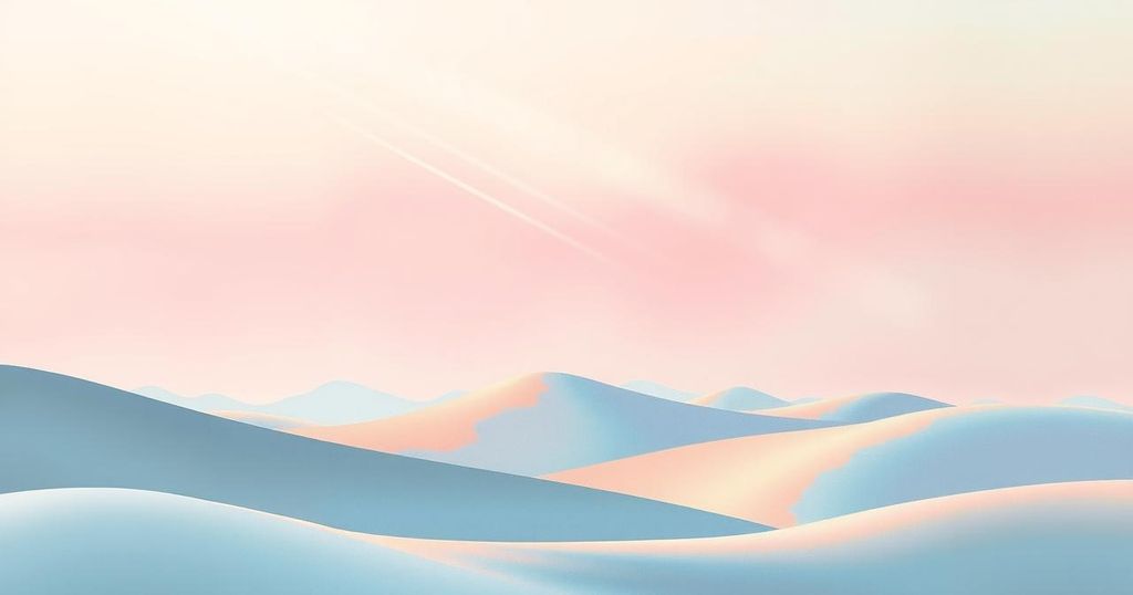A serene landscape featuring a light pink sky and gentle hills, symbolising balance and harmony.