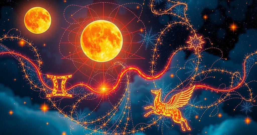 Celestial scene with zodiac symbols, stars, a fiery moon and a steady sun, reflecting astrological energy and themes.