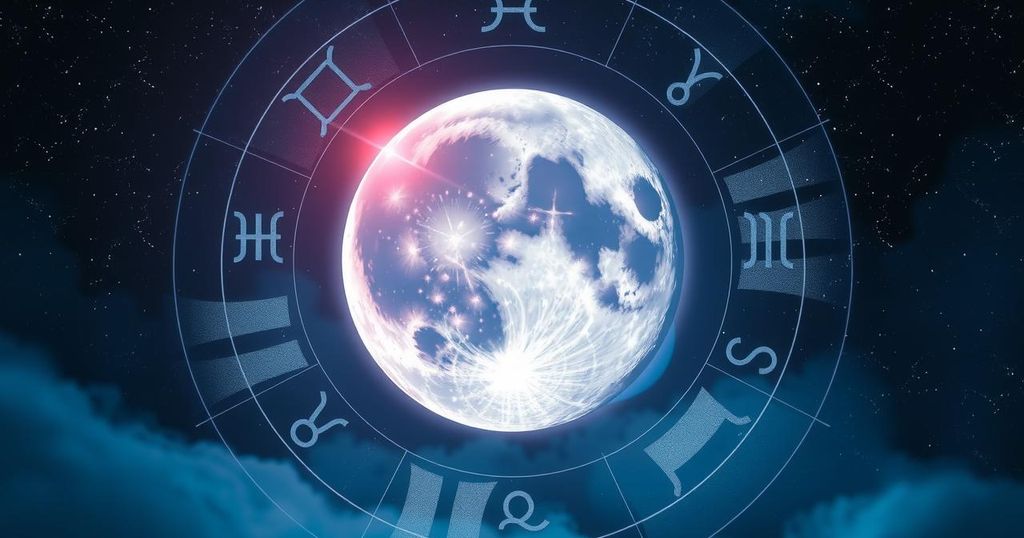 Depiction of an astrological scene with a full moon, zodiac symbols, and vibrant celestial colours.