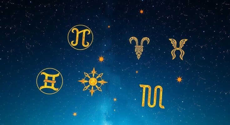 A cosmic scene showcasing zodiac symbols against a starry night sky, blending deep blues and vibrant gold accents.
