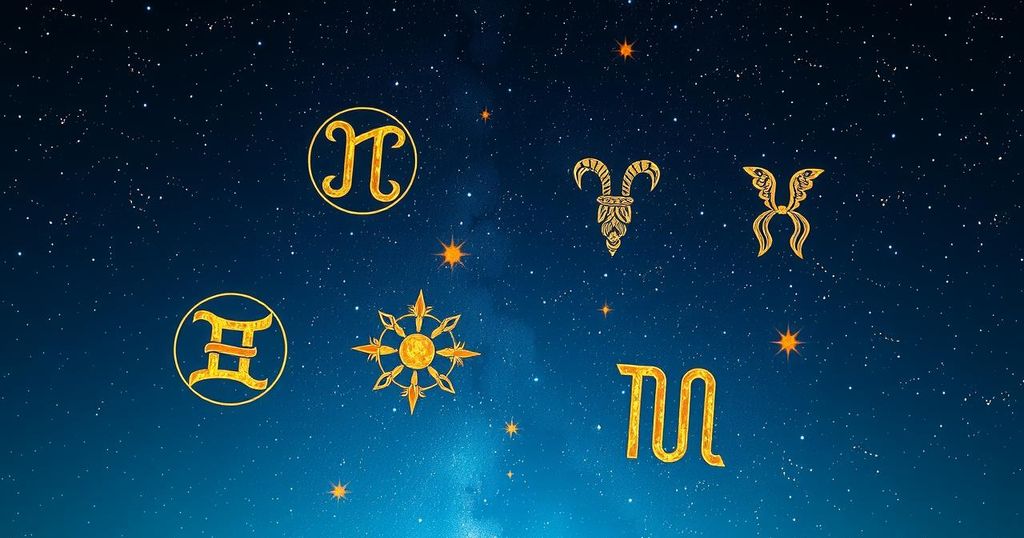 A cosmic scene showcasing zodiac symbols against a starry night sky, blending deep blues and vibrant gold accents.