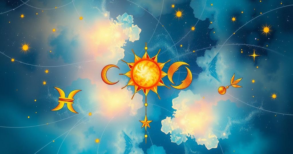 Celestial scene depicting astrological symbols with a vibrant cosmic background showcasing Mercury and the Sun in alignment.
