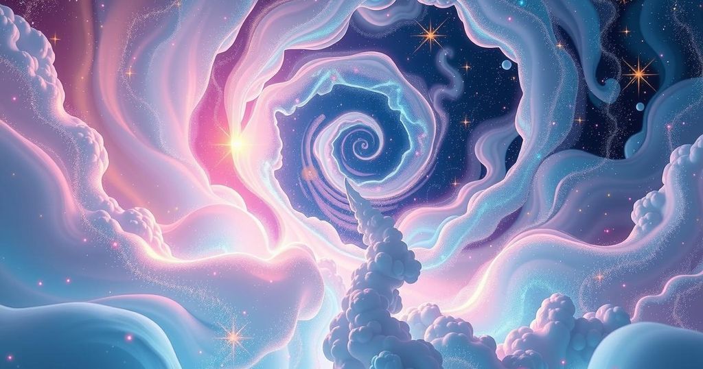 A vibrant cosmic background representing astrological signs with stars and constellation patterns in soft pastel colours.
