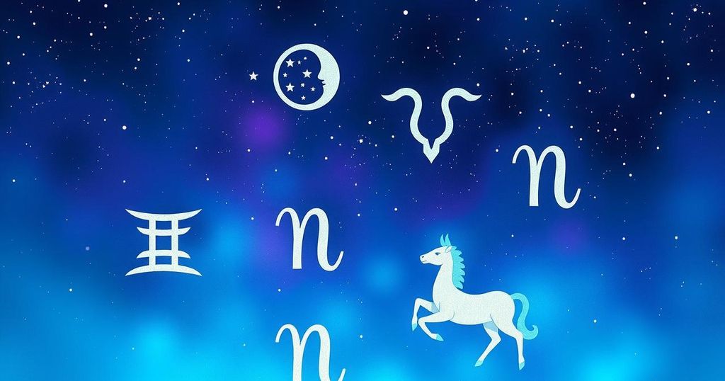 Astrological symbols with a celestial backdrop, showcasing zodiac sign traits in vibrant colors and mystical vibes.