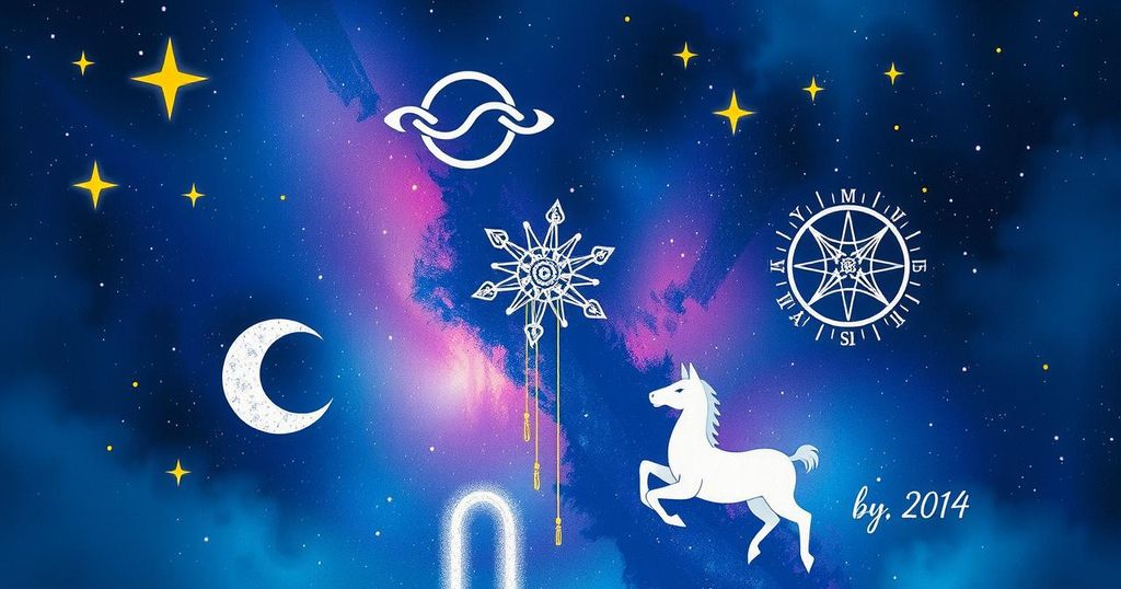 Astrological symbols surrounded by a celestial backdrop showcasing constellations and vibrant colours.