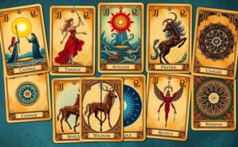 A vibrant tarot card spread representing diverse zodiac signs, showcasing symbols of change and opportunity with a mystical touch.