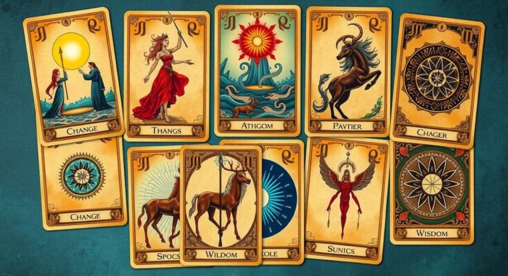 A vibrant tarot card spread representing diverse zodiac signs, showcasing symbols of change and opportunity with a mystical touch.