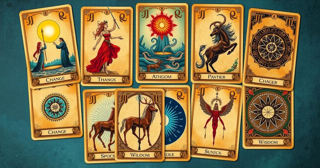 A vibrant tarot card spread representing diverse zodiac signs, showcasing symbols of change and opportunity with a mystical touch.